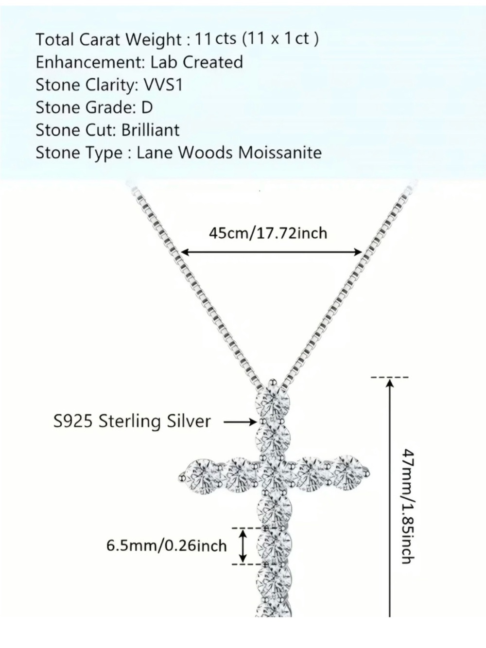 11ct Moissanite 925 Silver Cross Necklace from Nancy's Boutique - Picture 2 of 4